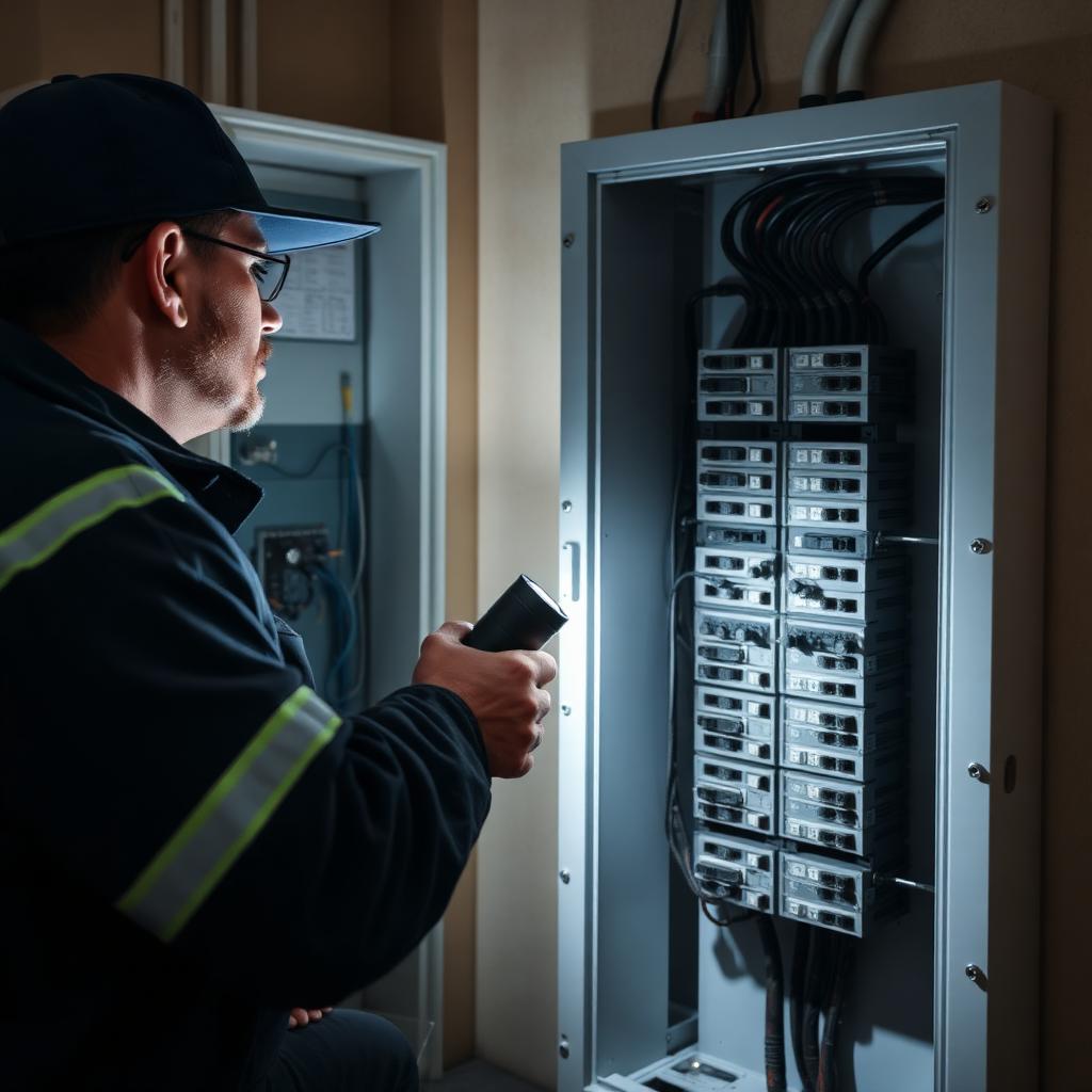 Licensed electrician inspecting a residential electrical panel in an Atlanta home.
