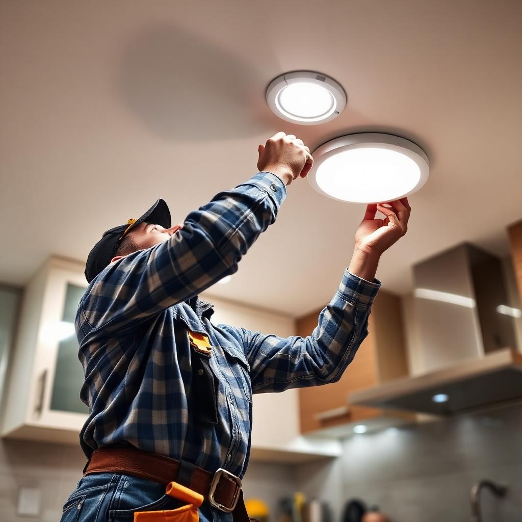 Licensed electrician installing recessed lighting in an Atlanta residential kitchen.